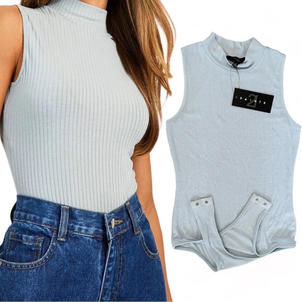 New 21 Saints Soft Knit Ribbed Mock Neck Sleeveless Bodysuit Light Blue sz Small